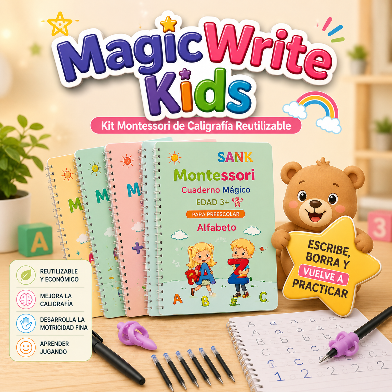 SmartWrite Kids™ - Kit 4 Cuadernos de Caligrafía Reutilizable.